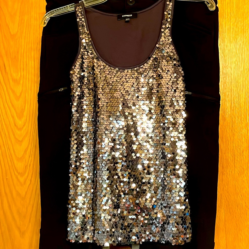 Express XXS gray fish scale sequin bling sparkly tank top mesh with lining EUC